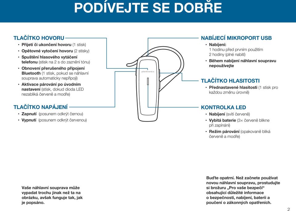 Nabíjení: 1 hodinu před prvním použitím 2 hodiny (plné nabití) Během nabíjení náhlavní soupravu nepoužívejte TLAČÍTKO HLASITOSTI Přednastavené hlasitosti (1 stisk pro každou změnu úrovně) TLAČÍTKO