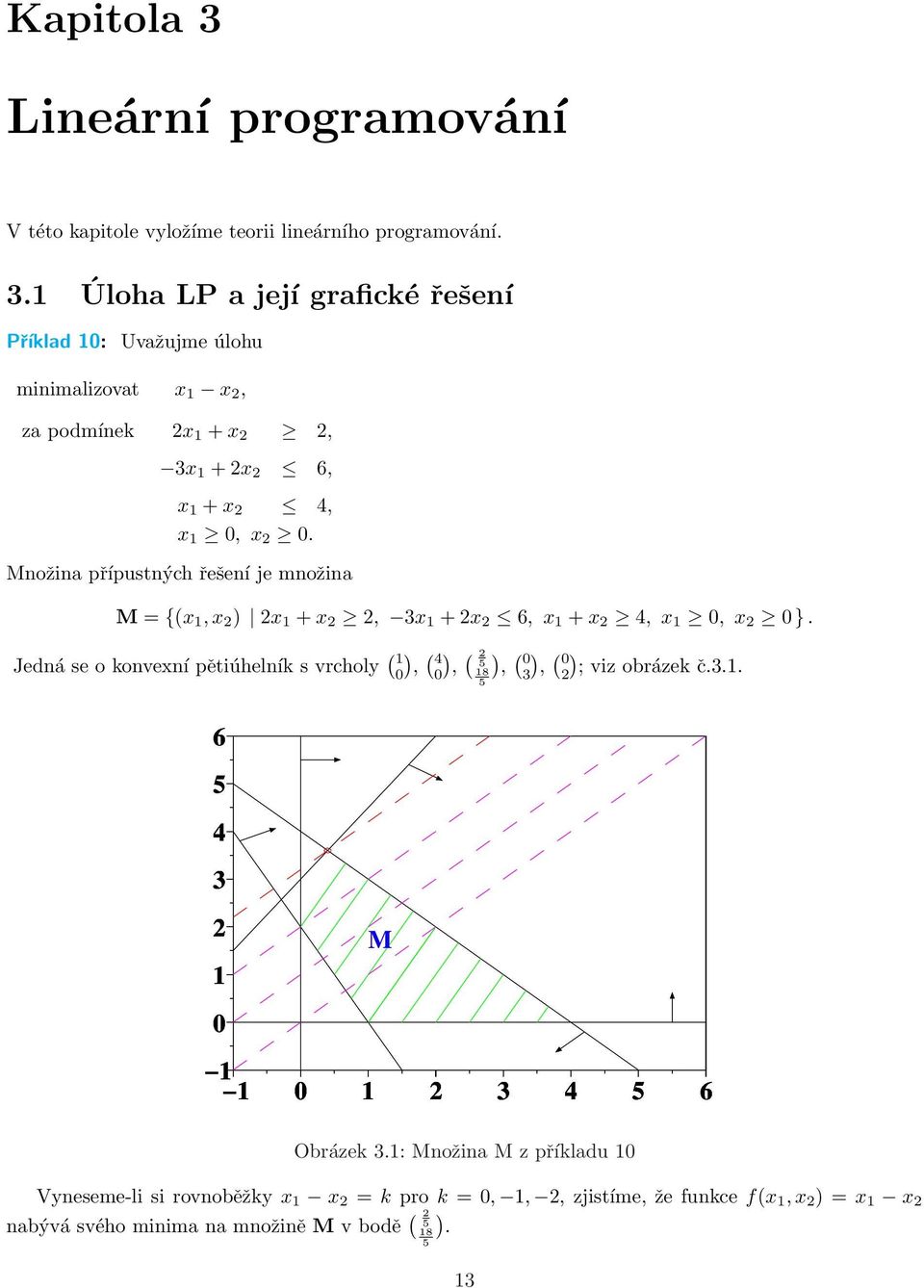 Jedná se o konvexní pětiúhelník s vrcholy ( 1 0), ( 4 0 6 5 ), ( 2 5 18 5 ) (, 0 ) ( 3, 0 ) 2 ; viz obrázek č.3.1. 4 3 2 1 M 0 1 1 0 1 2 3 4 5 6 Obrázek 3.
