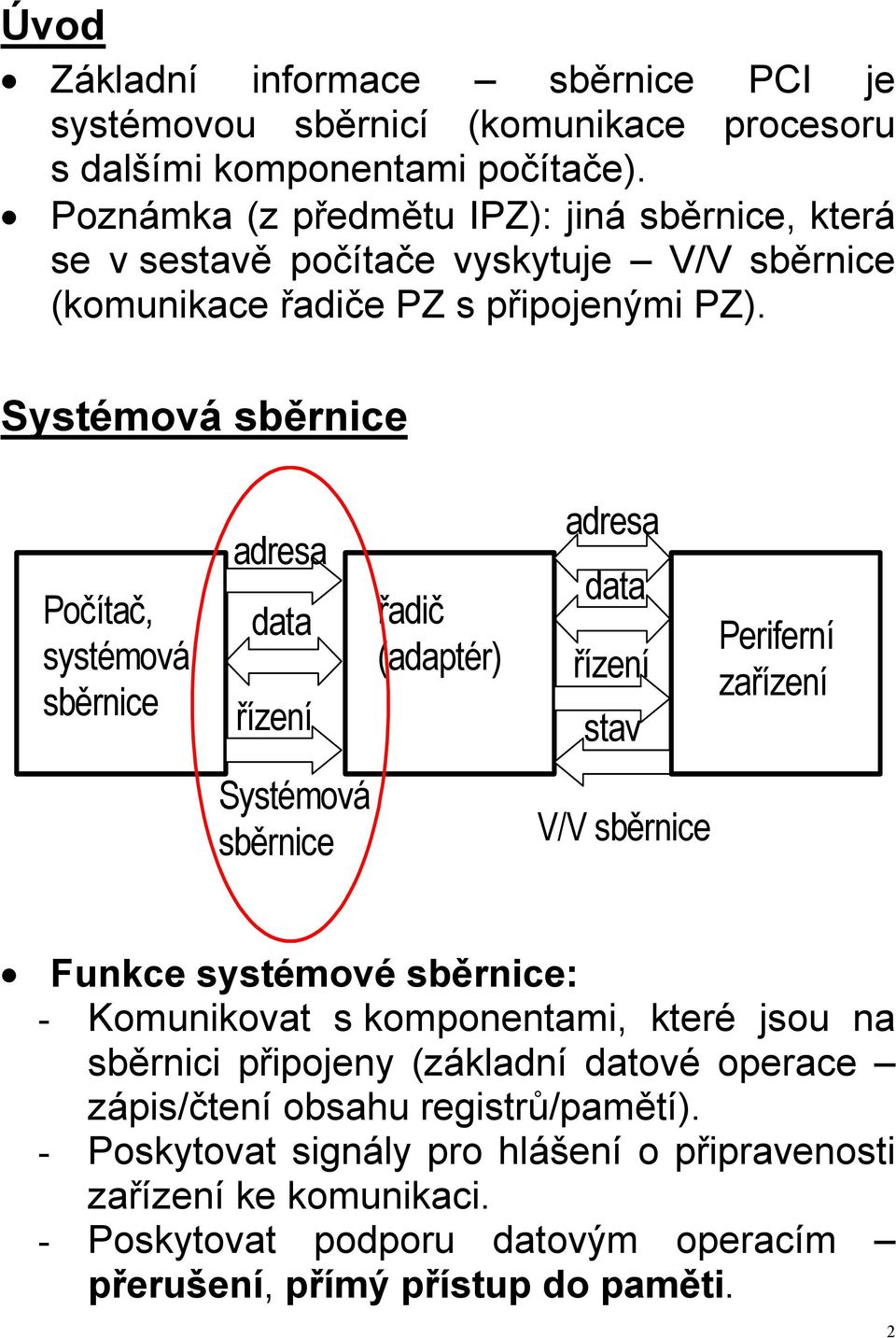 Systémová sběrnice Počítač, systémová sběrnice adresa data řízení Systémová sběrnice řadič (adaptér) adresa data řízení stav V/V sběrnice Periferní zařízení Funkce systémové