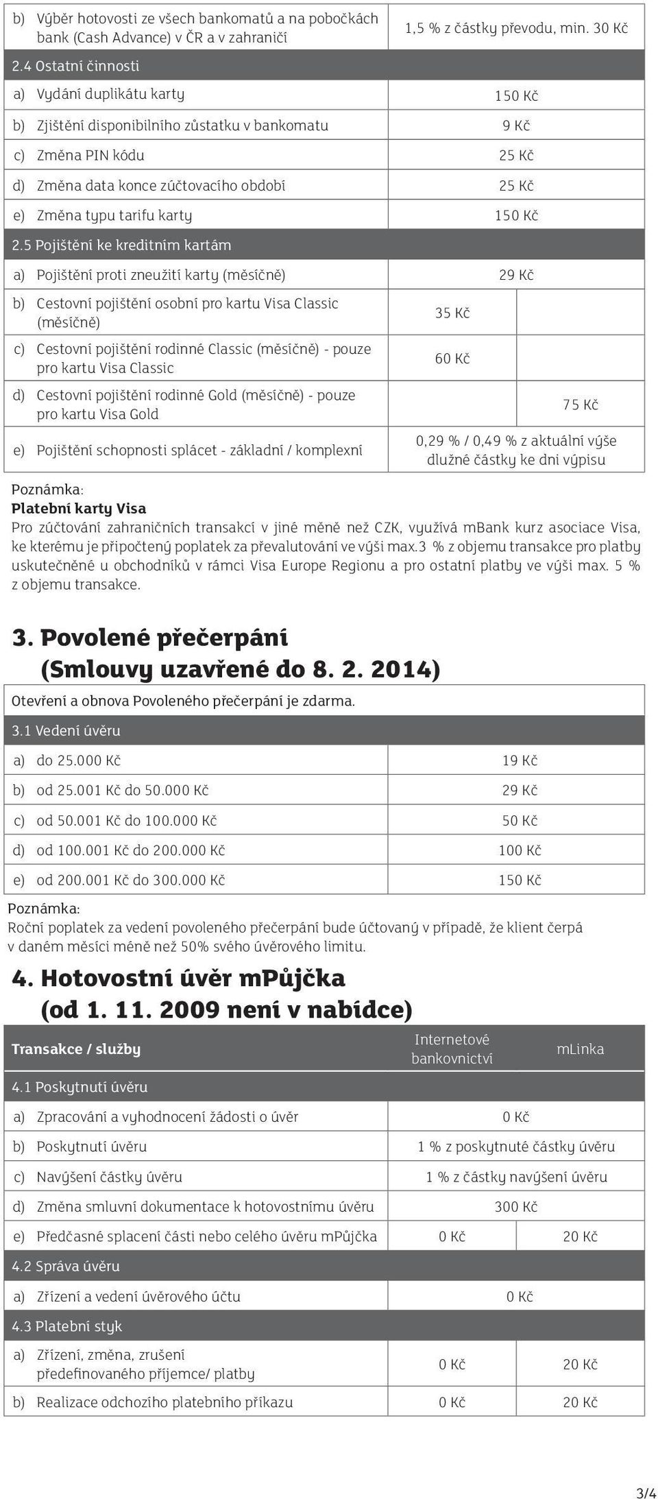 5 Pojištění ke kreditním kartám a) Pojištění proti zneužití karty (měsíčně) 29 Kč b) Cestovní pojištění osobní pro kartu Visa Classic (měsíčně) 35 Kč c) Cestovní pojištění rodinné Classic (měsíčně) -