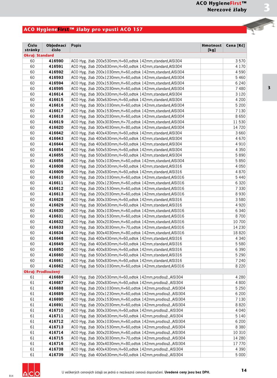 žlab 200x1230mm,H=60,odtok 142mm,standard,AISI304 5 460 60 416594 ACO Hyg. žlab 200x1530mm,H=60,odtok 142mm,standard,AISI304 6 240 60 416595 ACO Hyg.