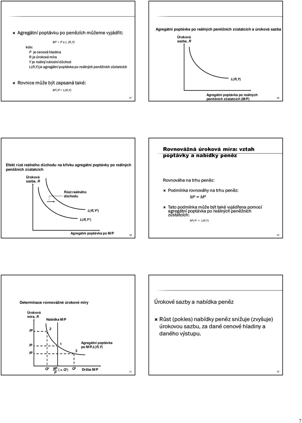 38 Rovnovážná úroková míra: vztah poptávky a nabídky peněz Efekt růst reálného důchodu na křivku agregátní poptávky po reálných peněžních zůstatcích Úroková sazba, R Rovnováha na trhu peněz: Růst