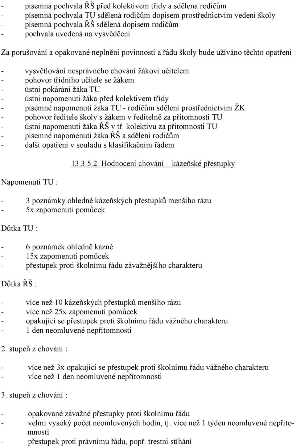 - ústní pokárání ţáka TU - ústní napomenutí ţáka před kolektivem třídy - písemné napomenutí ţáka TU - rodičům sdělení prostřednictvím ŢK - pohovor ředitele školy s ţákem v ředitelně za přítomnosti TU