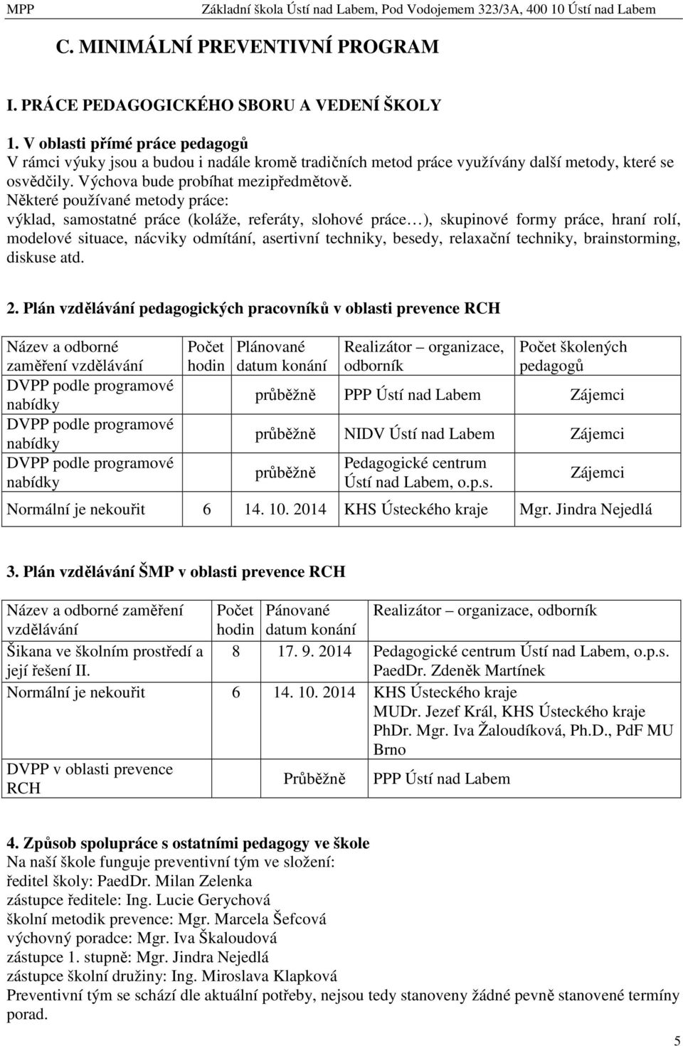 Některé používané metody práce: výklad, samostatné práce (koláže, referáty, slohové práce ), skupinové formy práce, hraní rolí, modelové situace, nácviky odmítání, asertivní techniky, besedy,