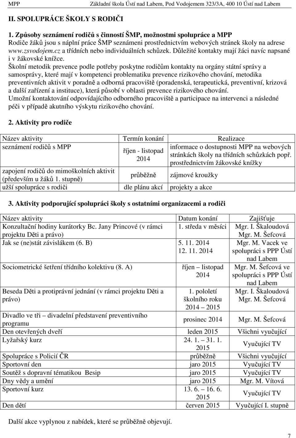 Školní metodik prevence podle potřeby poskytne rodičům kontakty na orgány státní správy a samosprávy, které mají v kompetenci problematiku prevence rizikového chování, metodika preventivních aktivit