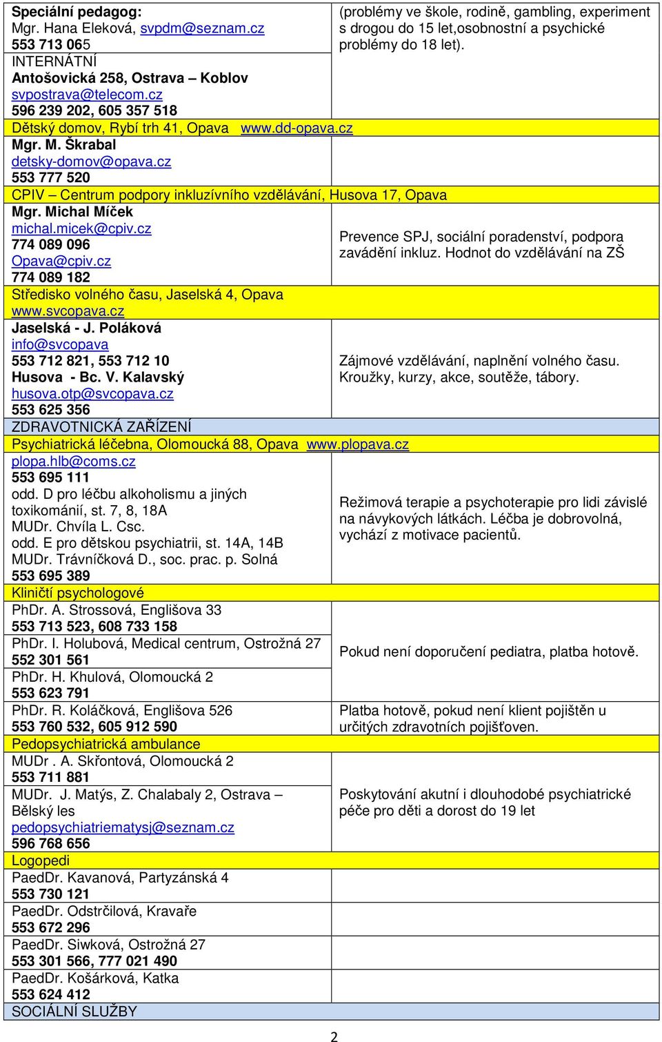 cz 774 089 182 Středisko volného času, Jaselská 4, Opava www.svcopava.cz Jaselská - J. Poláková info@svcopava 553 712 821, 553 712 10 Husova - Bc. V. Kalavský husova.otp@svcopava.