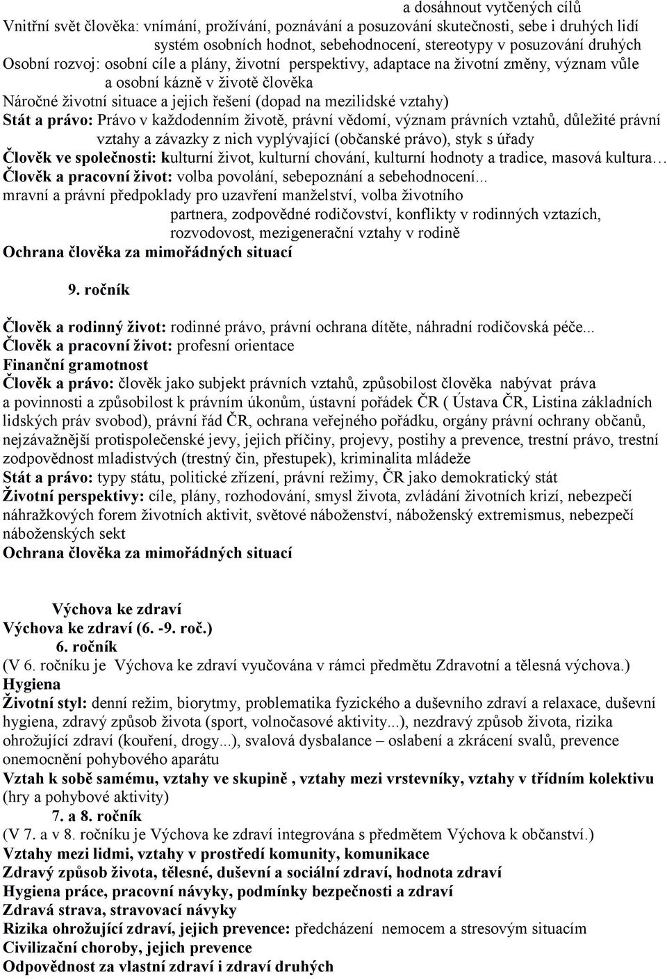 Stát a právo: Právo v každodenním životě, právní vědomí, význam právních vztahů, důležité právní vztahy a závazky z nich vyplývající (občanské právo), styk s úřady Člověk ve společnosti: kulturní