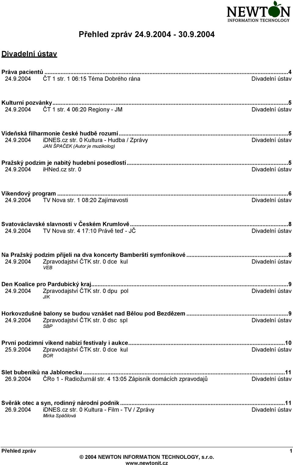 1 08:20 Zajímavosti Svatováclavské slavnosti v Českém Krumlově...8 24.9.2004 TV Nova str. 4 17:10 Právě teď - JČ Na Pražský podzim přijeli na dva koncerty Bamberští symfonikové...8 24.9.2004 Zpravodajství ČTK str.