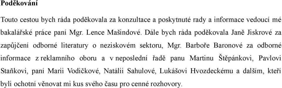 Barboře Baronové za odborné informace z reklamního oboru a v neposlední řadě panu Martinu Štěpánkovi, Pavlovi Staňkovi, paní