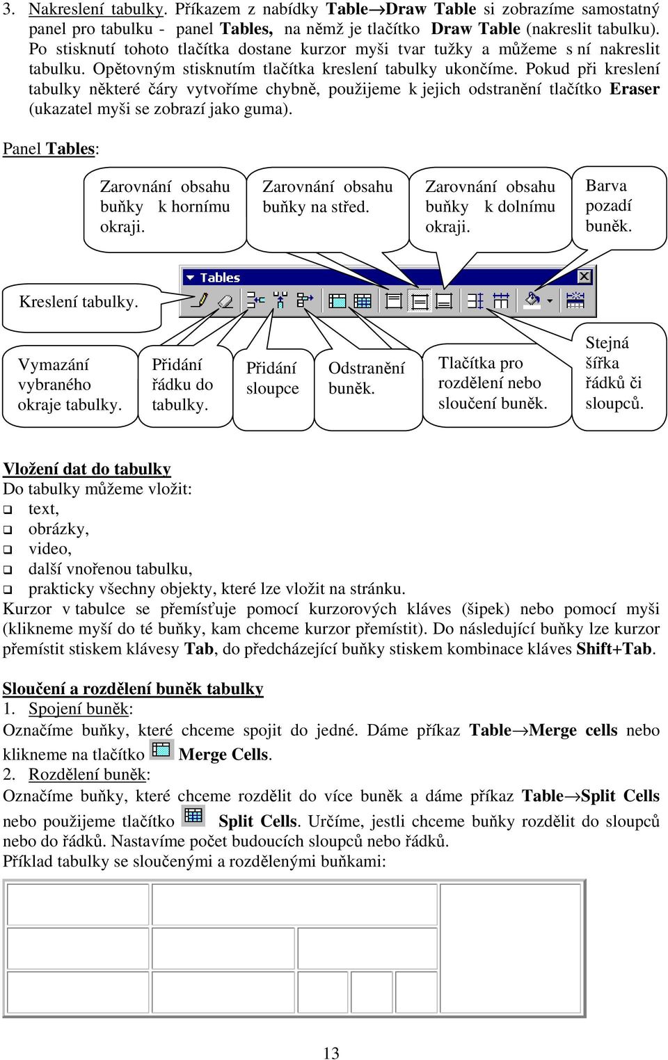 Pokud při kreslení tabulky některé čáry vytvoříme chybně, použijeme k jejich odstranění tlačítko Eraser (ukazatel myši se zobrazí jako guma). Panel Tables: Zarovnání obsahu buňky k hornímu okraji.