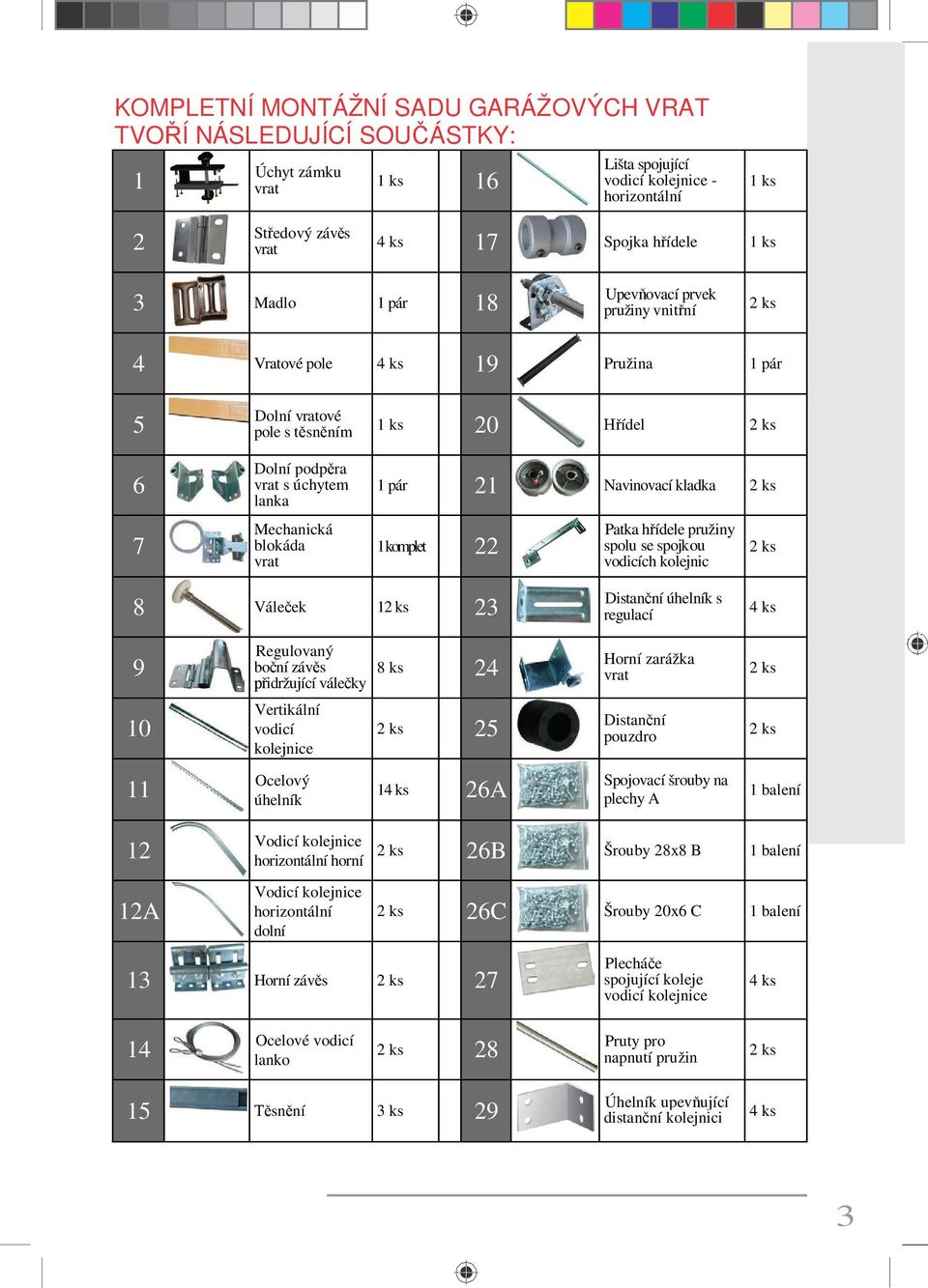 vrat 1 pár 21 Navinovací kladka 2 ks 1 komplet 22 Patka h ídele pružiny spolu se spojkou vodicích kolejnic 2 ks 8 Vále ek 12 ks 23 Distan ní úhelník s regulací 4 ks 9 Regulovaný bo ní záv s idržující