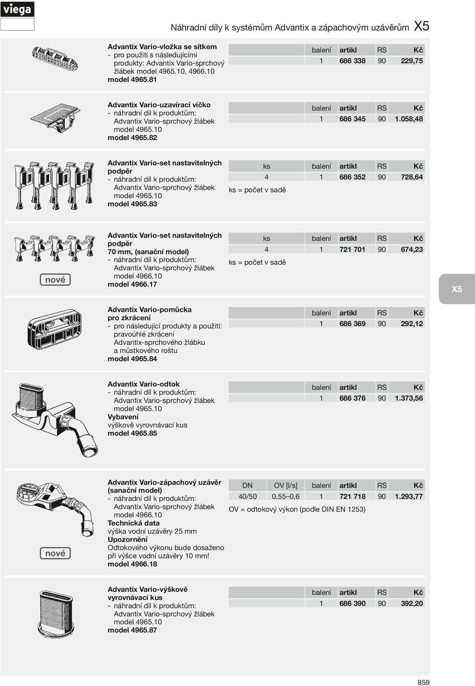 0 model 4965.83 Advantix Vario-set nastavitelných podpěr 4 70 mm, (sanační model) = počet v sadě Advantix Vario-sprchový žlábek model 4966.0 model 4966.