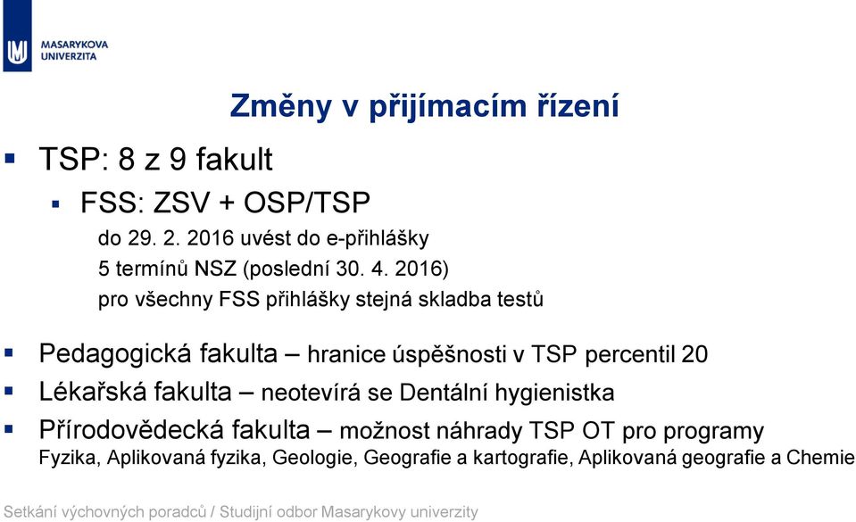 2016) pro všechny FSS přihlášky stejná skladba testů Pedagogická fakulta hranice úspěšnosti v TSP percentil 20