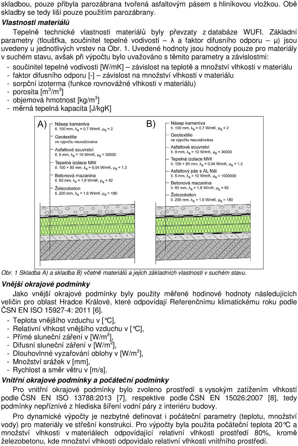 Základní parametry (tloušťka, součinitel tepelné vodivosti λ a faktor difusního odporu µ) jsou uvedeny u jednotlivých vrstev na Obr. 1.