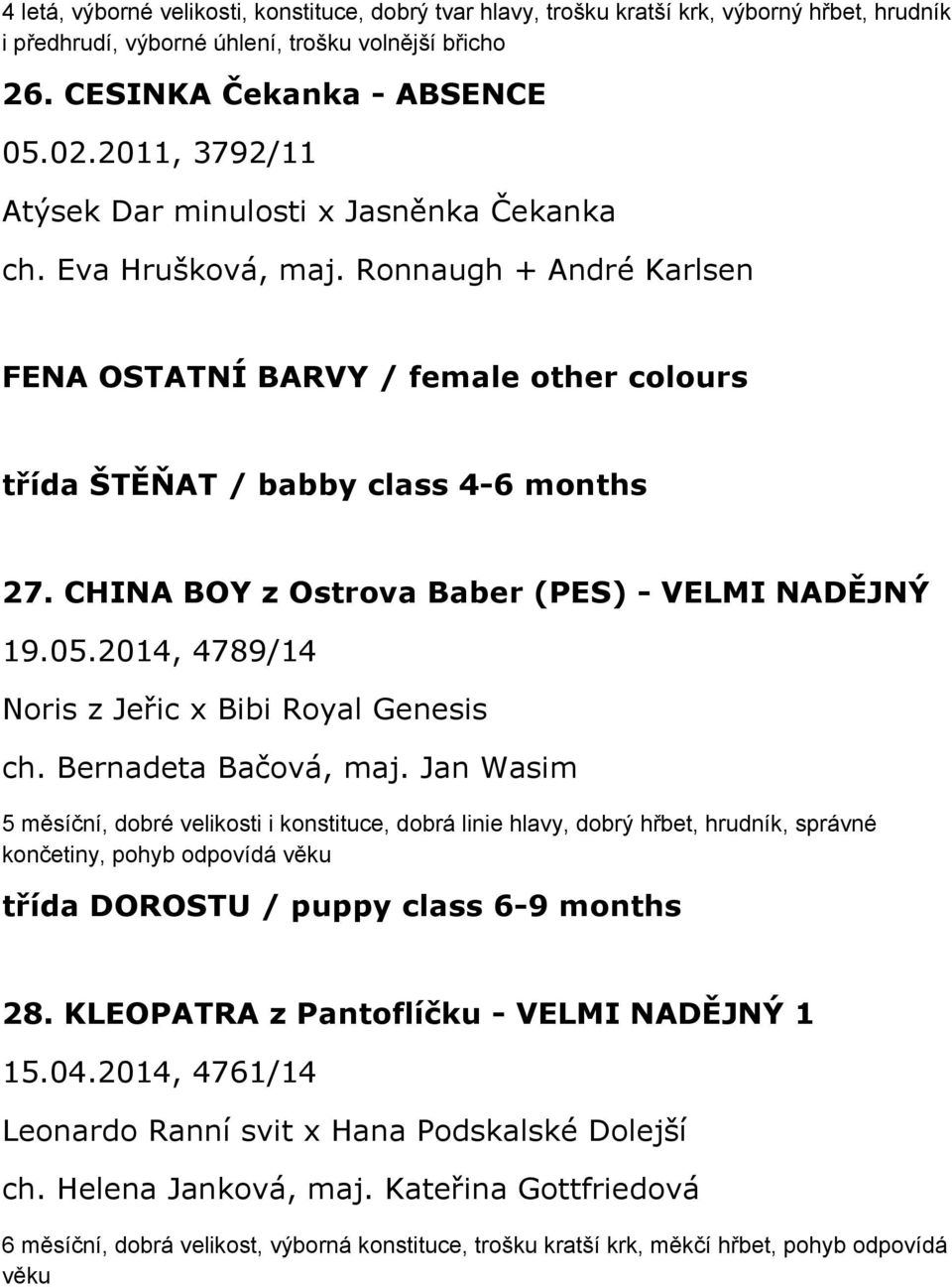 CHINA BOY z Ostrova Baber (PES) - VELMI NADĚJNÝ 19.05.2014, 4789/14 Noris z Jeřic x Bibi Royal Genesis ch. Bernadeta Bačová, maj.