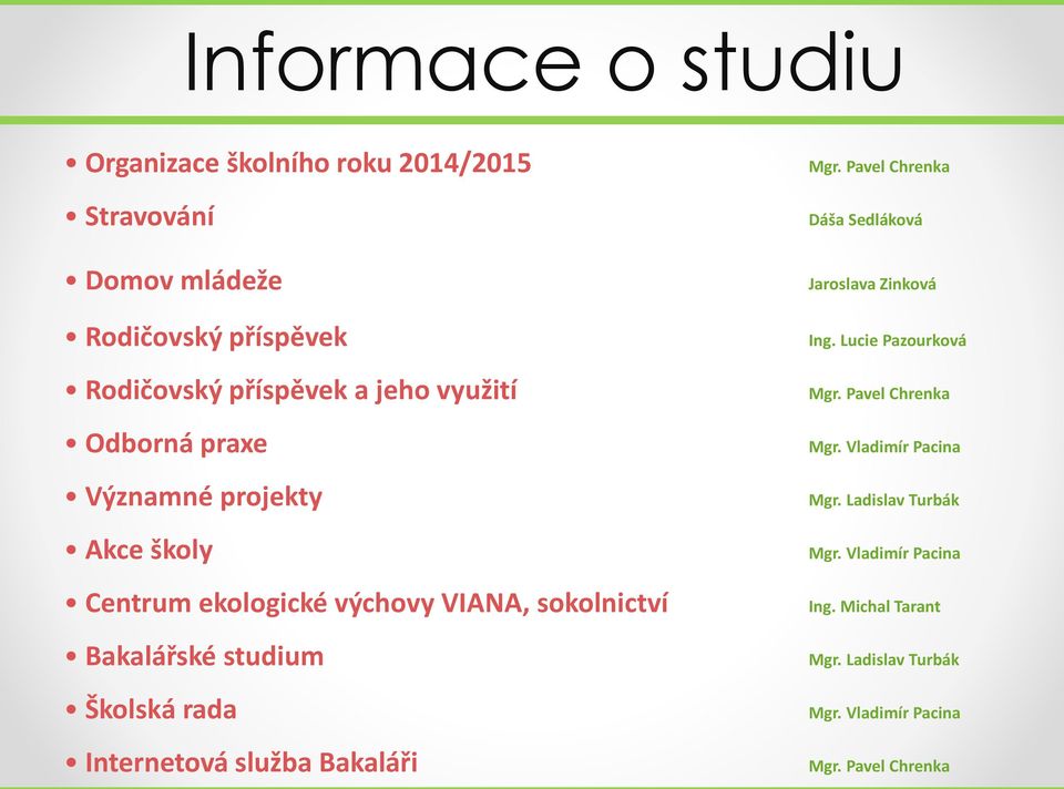 Internetová služba Bakaláři Mgr. Pavel Chrenka Dáša Sedláková Jaroslava Zinková Ing. Lucie Pazourková Mgr. Pavel Chrenka Mgr.