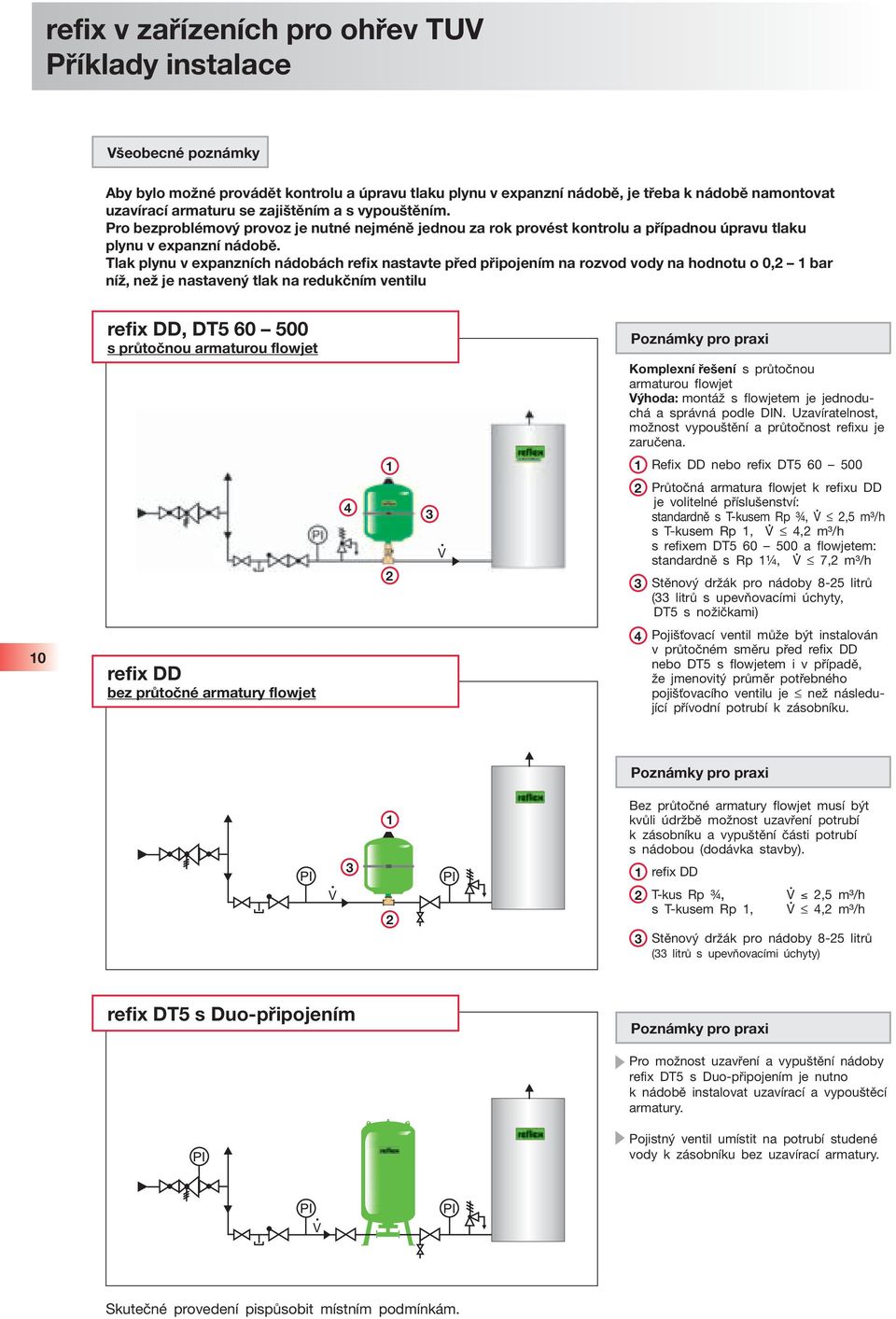 Tlak plynu v expanzníc nádobác refix nastavte před připojením na rozvod vody na odnotu o 0,2 1 bar níž, než je nastavený tlak na redukčním ventilu refix DD, DT5 60 500 s průtočnou armaturou flowjet