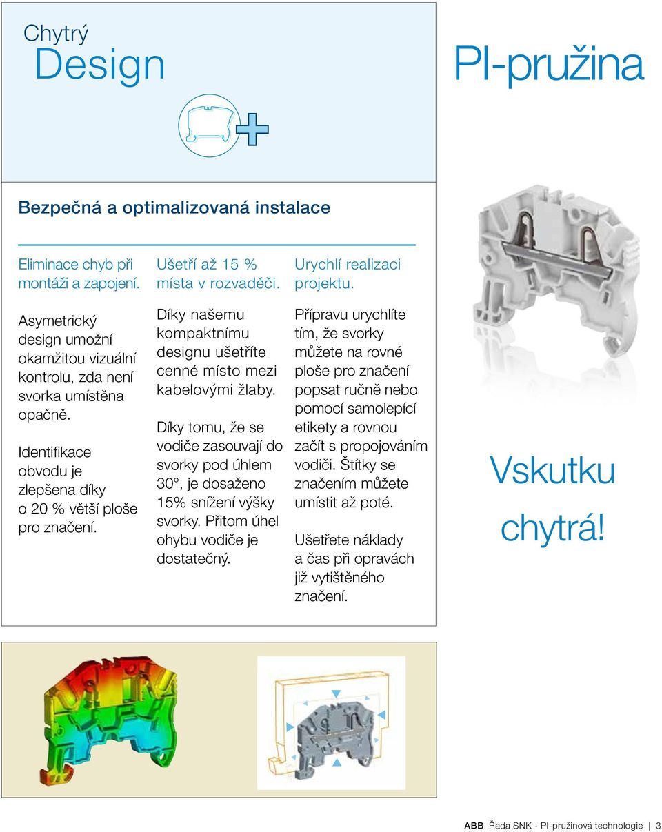 Díky našemu kompaktnímu designu ušetříte cenné místo mezi kabelovými žlaby. Díky tomu, že se vodiče zasouvají do svorky pod úhlem 0, je dosaženo 1% snížení výšky svorky.