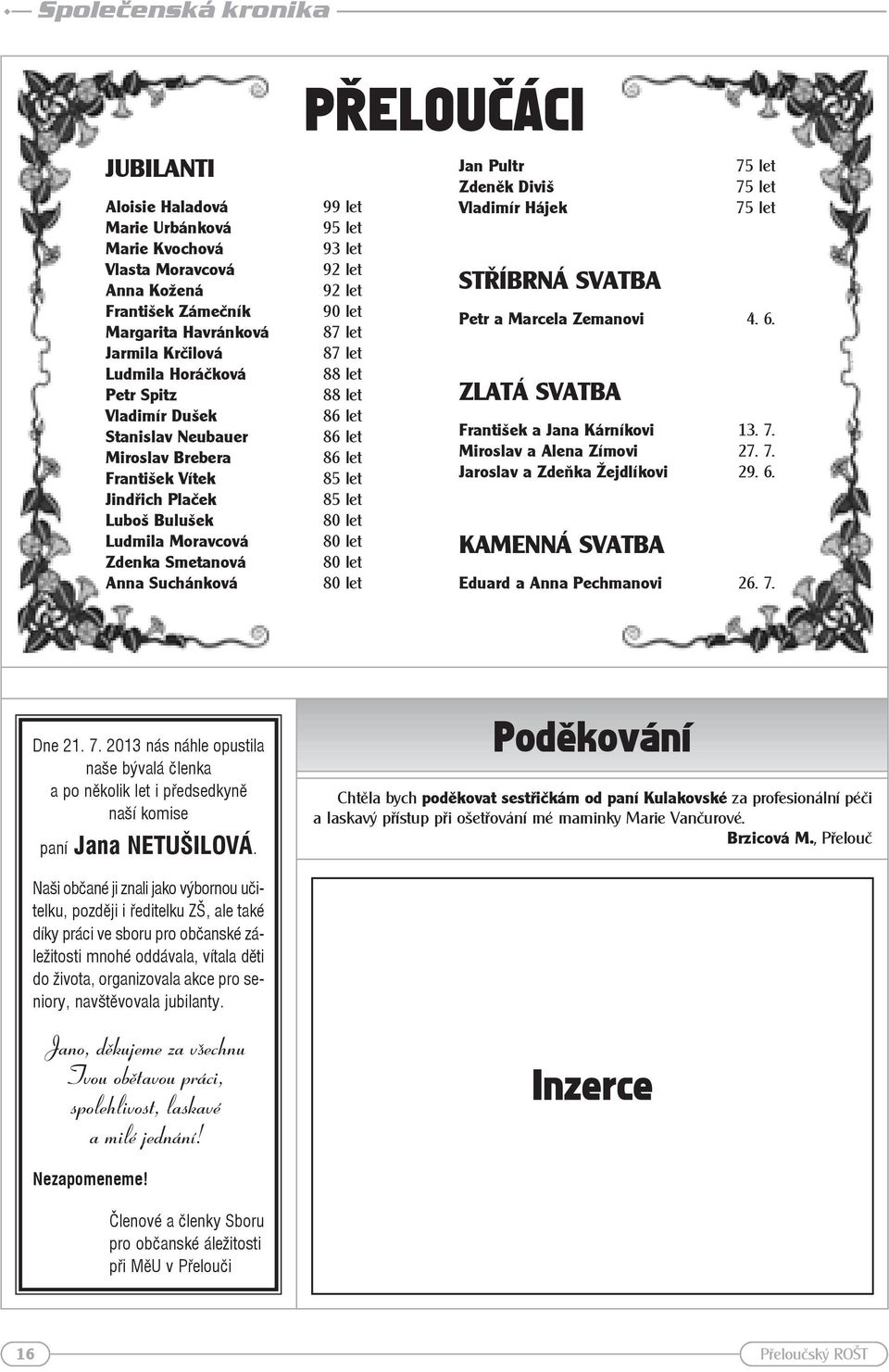 let 87 let 87 let 88 let 88 let 86 let 86 let 86 let 85 let 85 let 80 let 80 let 80 let 80 let Jan Pultr Zdeněk Diviš Vladimír Hájek STŘÍBRNÁ SVATBA 75 let 75 let 75 let Petr a Marcela Zemanovi 4. 6.