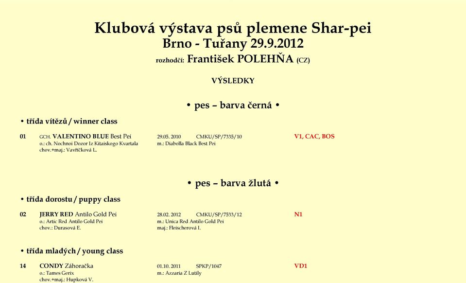 třída dorostu / puppy class pes barva žlutá 02 JERRY RED Antilo Gold Pei 28.02. 2012 CMKU/SP/7533/12 N1 o.: Artic Red Antilo Gold Pei m.