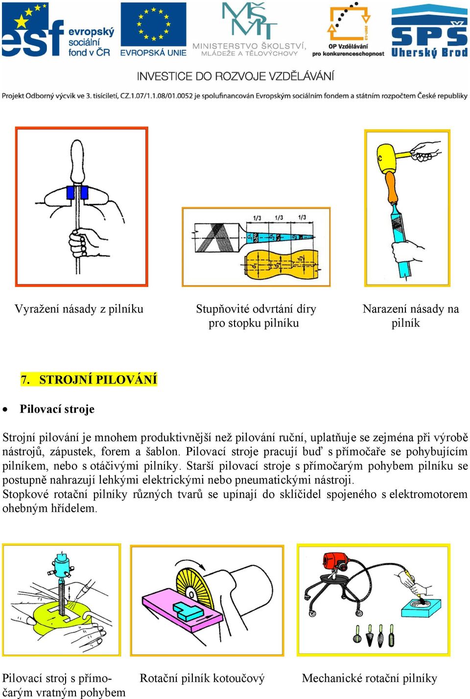 Pilovací stroje pracují buď s přímočaře se pohybujícím pilníkem, nebo s otáčivými pilníky.