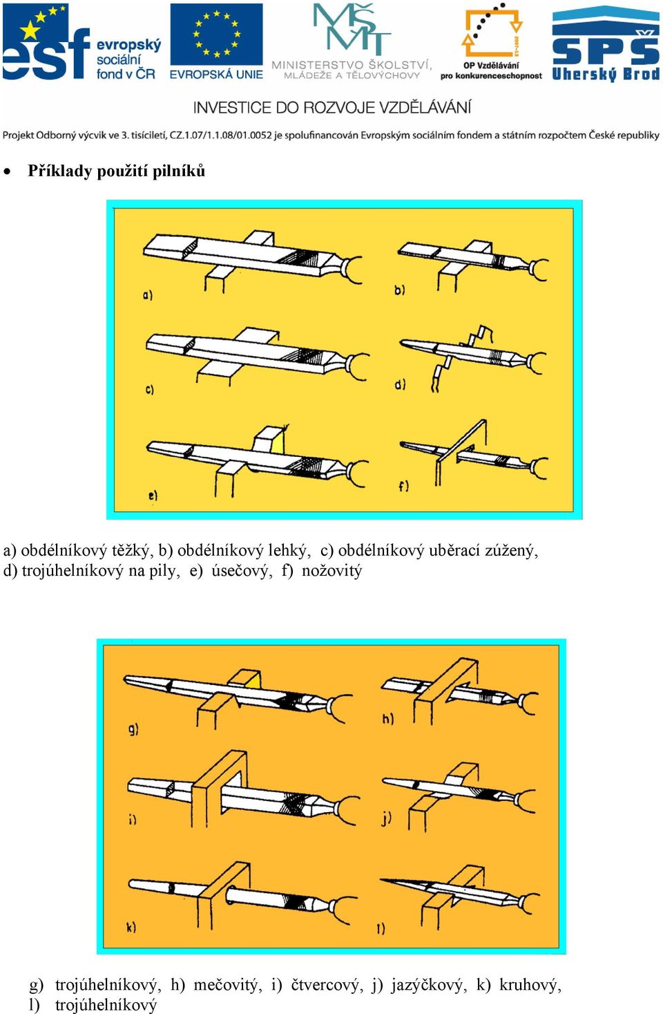 trojúhelníkový na pily, e) úsečový, f) nožovitý g)