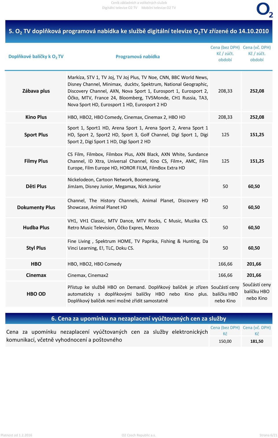 Eurosport 2, Óčko, MTV, France 24, Bloomberg, TV5Monde, CH1 Russia, TA3, Nova Sport HD, Eurosport 1 HD, Eurosport 2 HD 208,33 252,08 Kino Plus HBO, HBO2, HBO Comedy, Cinemax, Cinemax 2, HBO HD 208,33