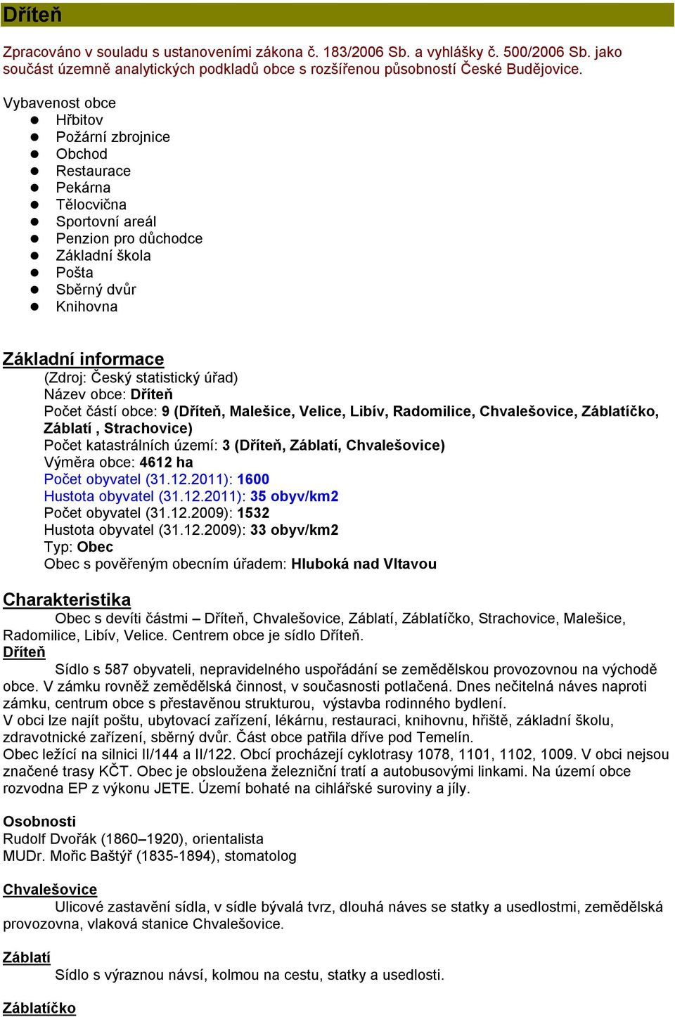 statistický úřad) Název obce: Dříteň Počet částí obce: 9 (Dříteň, Malešice, Velice, Libív, Radomilice, Chvalešovice, Záblatíčko, Záblatí, Strachovice) Počet katastrálních území: 3 (Dříteň, Záblatí,