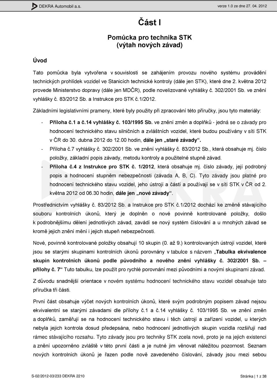 kontroly (dále jen STK), které dne 2. května 2012 provede Ministerstvo dopravy (dále jen MDČR), podle novelizované vyhlášky č. 302/2001 Sb. ve znění vyhlášky č. 83/2012 Sb. a Instrukce pro STK č.