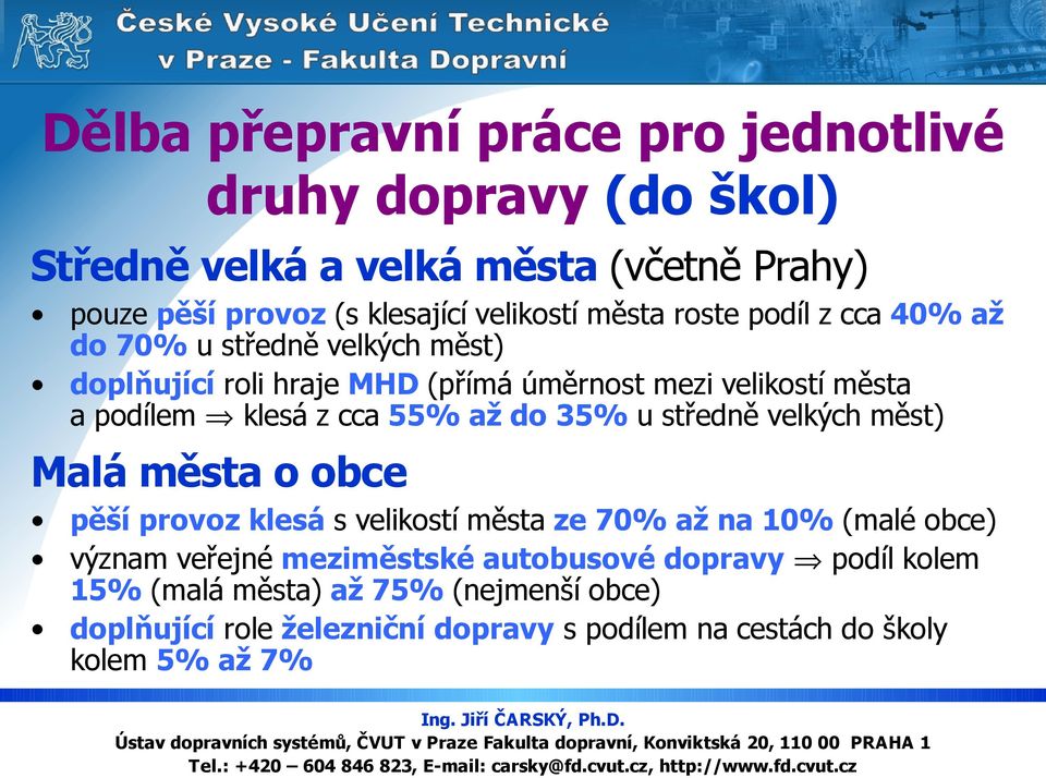 cca 5 až do 3 u středně velkých měst) Malá města o obce pěší provoz klesá s velikostí města ze 70% až na 10% (malé obce) význam veřejné