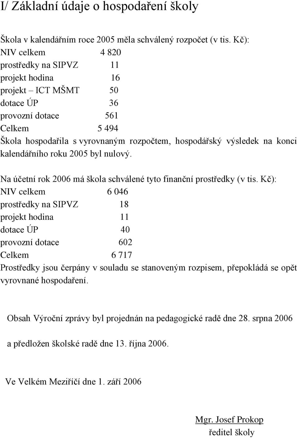 konci kalendářního roku 2005 byl nulový. Na účetní rok 2006 má škola schválené tyto finanční prostředky (v tis.