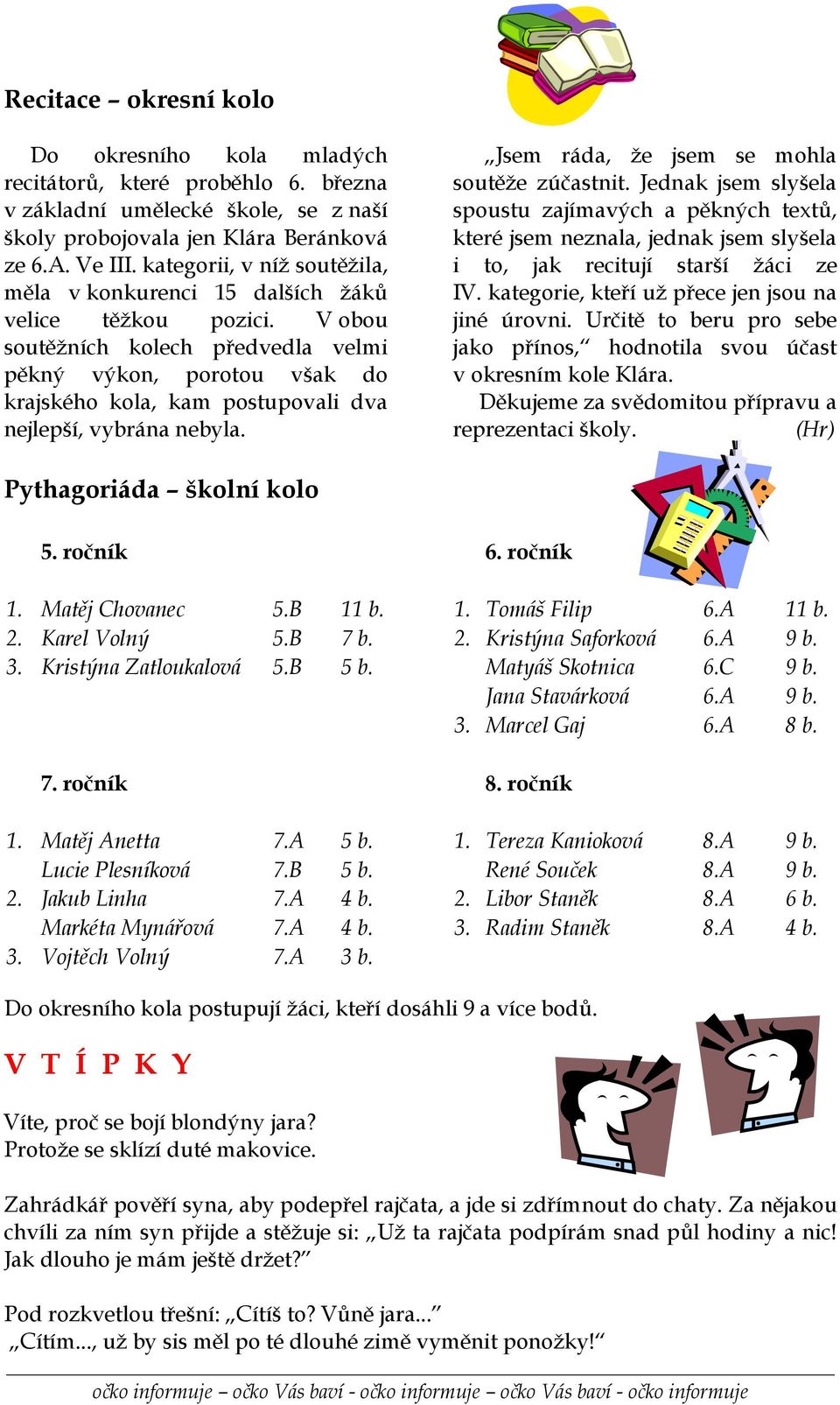 V obou soutěžních kolech předvedla velmi pěkný výkon, porotou však do krajského kola, kam postupovali dva nejlepší, vybrána nebyla. Jsem ráda, že jsem se mohla soutěže zúčastnit.