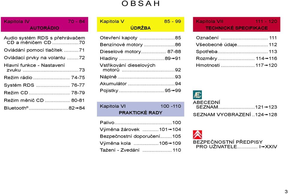 ..89 91 Vstřikování dieselových motorů...92 Náplně...93 Akumulátor...94 Pojistky...95 99 Kapitola VI 100-110 PRAKTICKÉ RADY Palivo...100 Výměna žárovek...101 104 Bezpečnostní doporučení.
