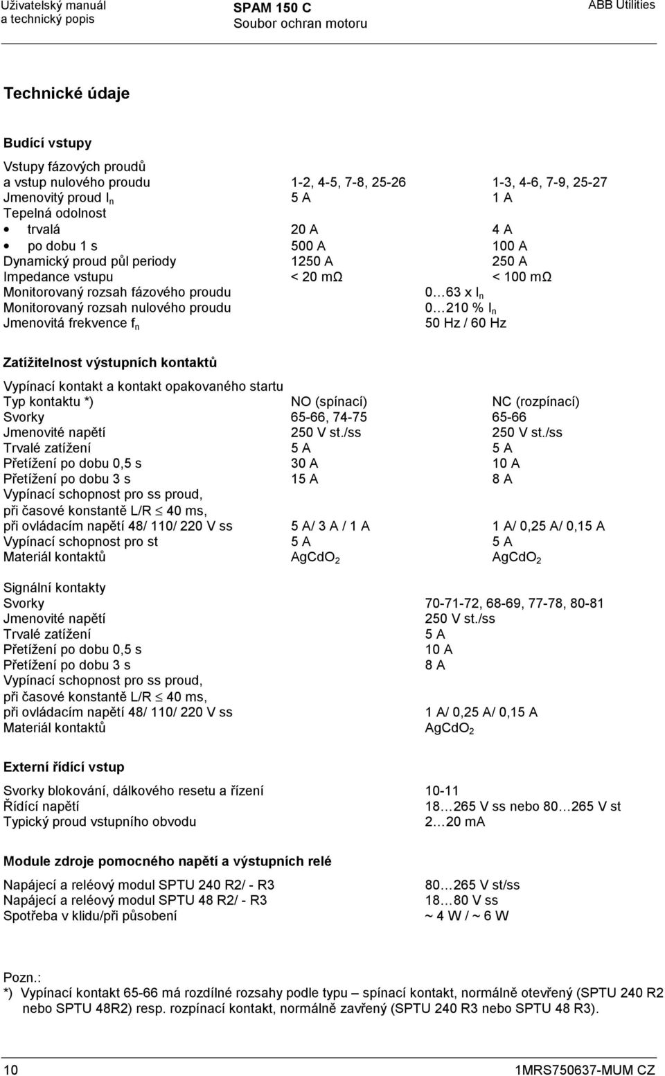 frekvence f n 50 Hz / 60 Hz Zatížitelnost výstupních kontaktů Vypínací kontakt a kontakt opakovaného startu Typ kontaktu *) NO (spínací) NC (rozpínací) Svorky 65-66, 74-75 65-66 Jmenovité napětí 50 V