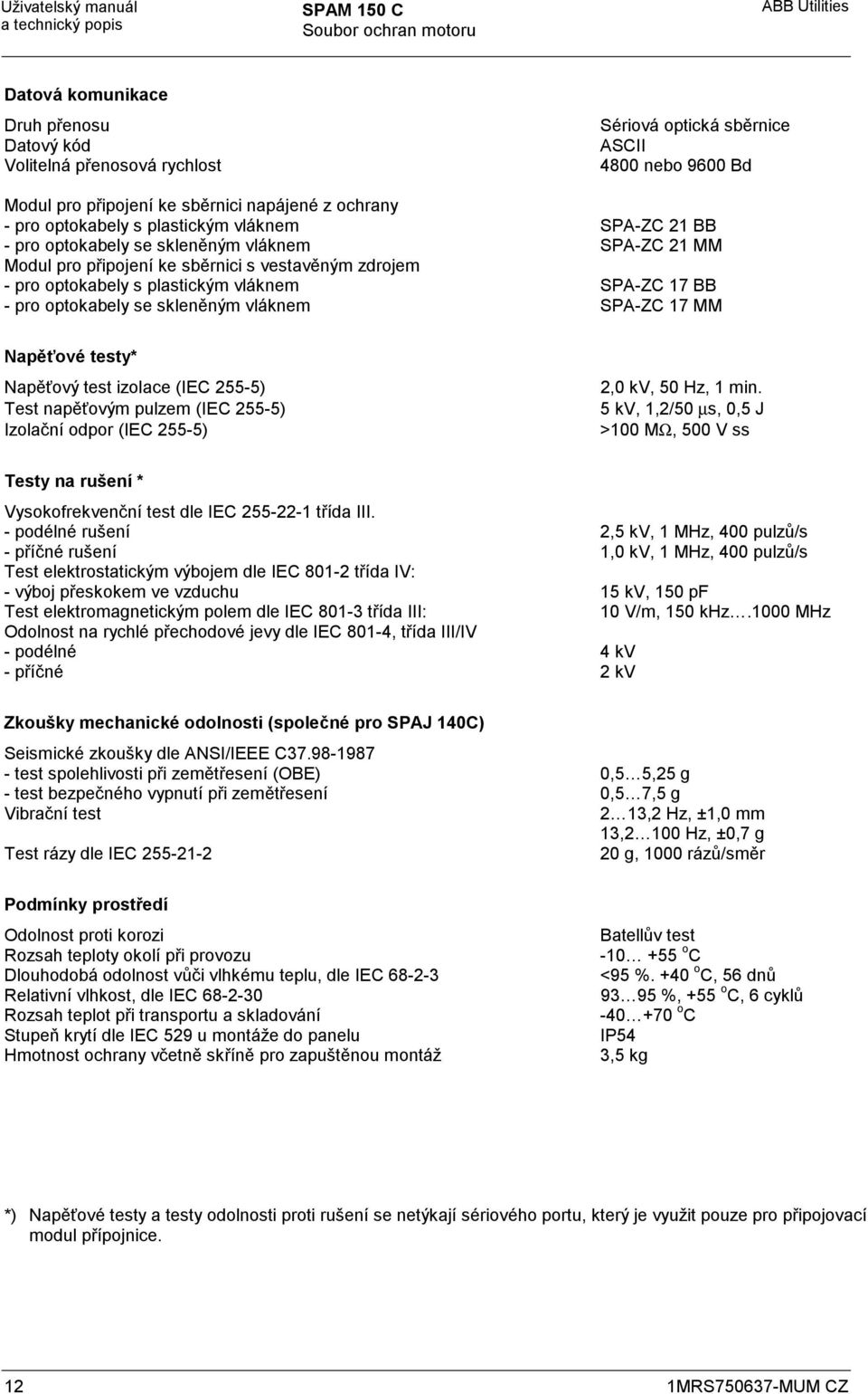 SPA-ZC 7 BB - pro optokabely se skleněným vláknem SPA-ZC 7 MM Napěťové testy* Napěťový test izolace (IEC 55-5) Test napěťovým pulzem (IEC 55-5) Izolační odpor (IEC 55-5),0 kv, 50 Hz, min.