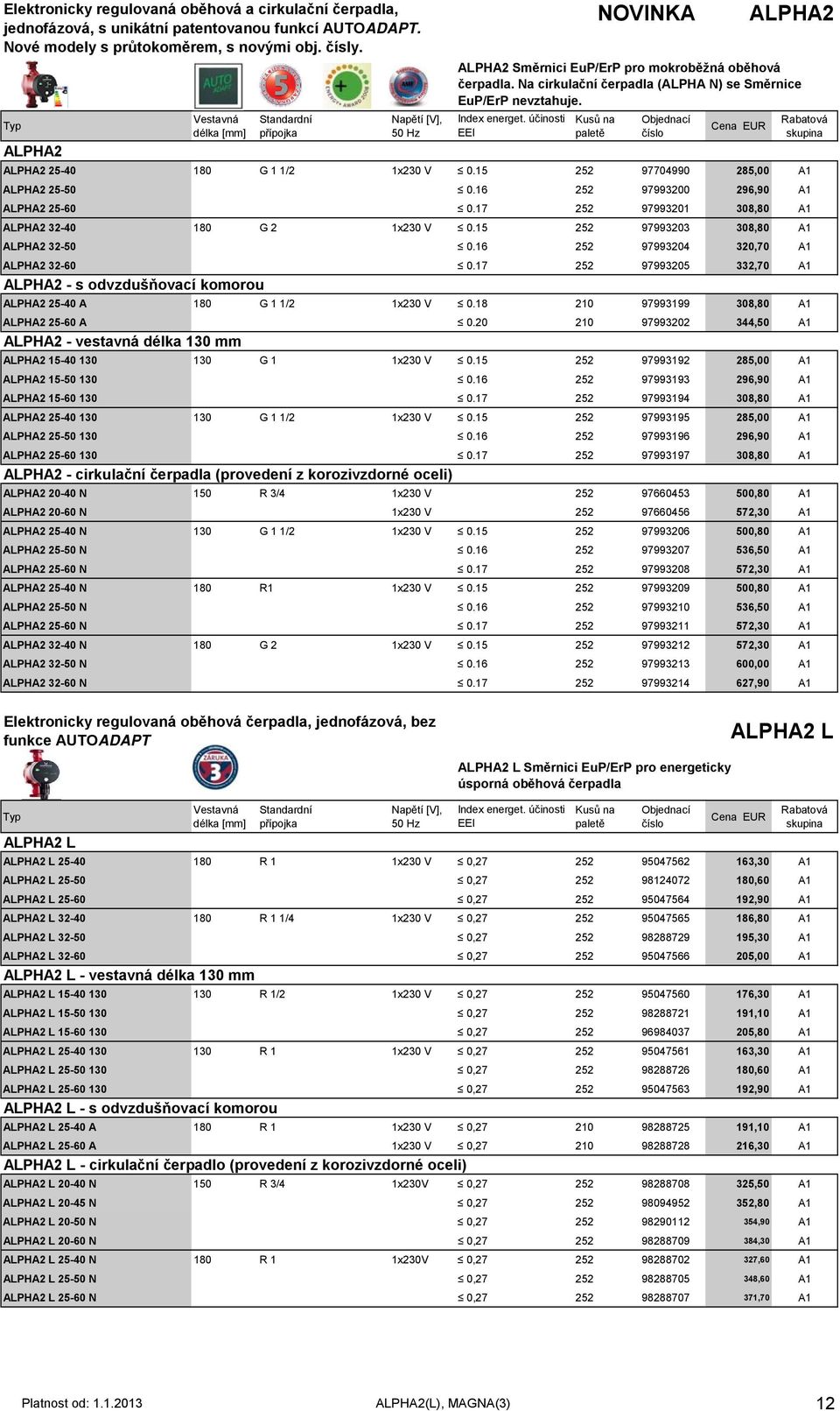 Na cirkulační čerpadla (ALPHA N) se Směrnice EuP/ErP nevztahuje. Index energet. účinosti EEI ALPHA2 25-40 180 G 1 1/2 1x230 V 0.15 252 97704990 285,00 A1 ALPHA2 25-50 0.