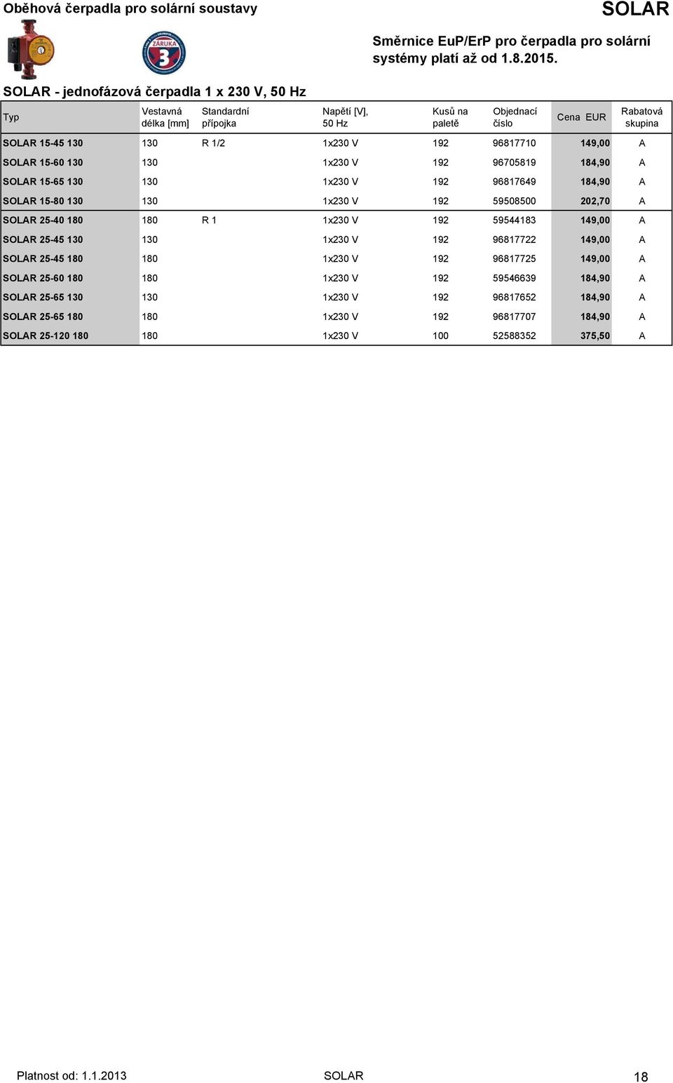 1x230 V 192 96705819 184,90 A SOLAR 15-65 130 130 1x230 V 192 96817649 184,90 A SOLAR 15-80 130 130 1x230 V 192 59508500 202,70 A SOLAR 25-40 180 180 R 1 1x230 V 192 59544183 149,00 A SOLAR 25-45 130