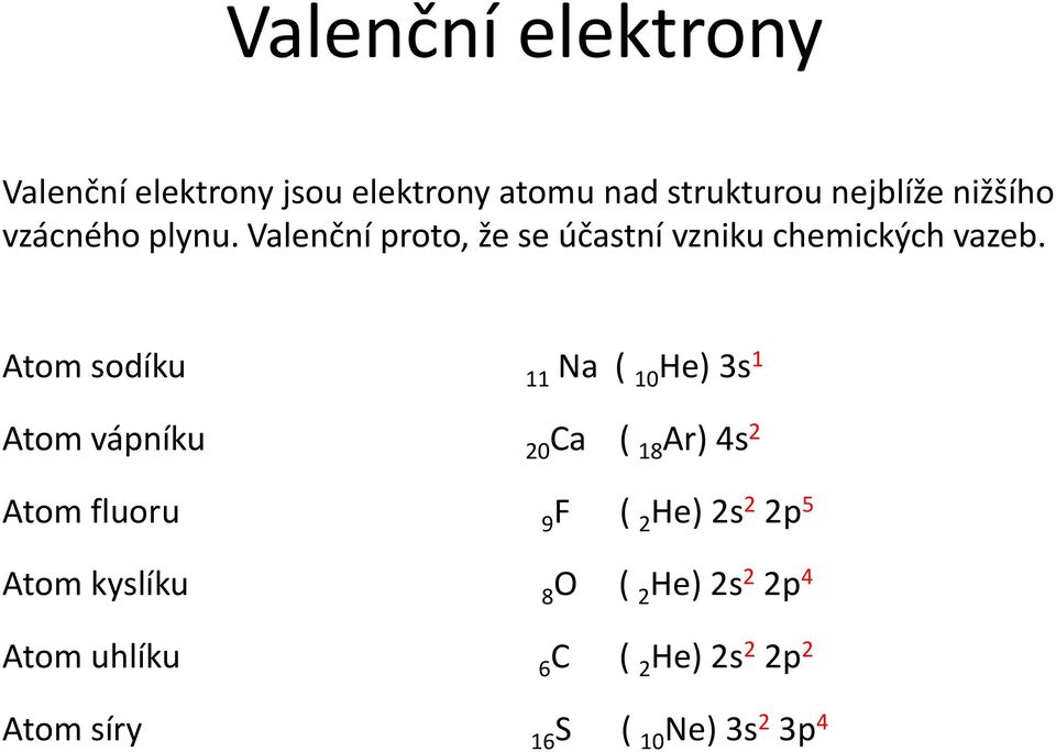 Atom sodíku 11 Na ( 10 He) 3s 1 Atom vápníku 20Ca ( 18 Ar) 4s 2 Atom fluoru 9F ( 2 He) 2s