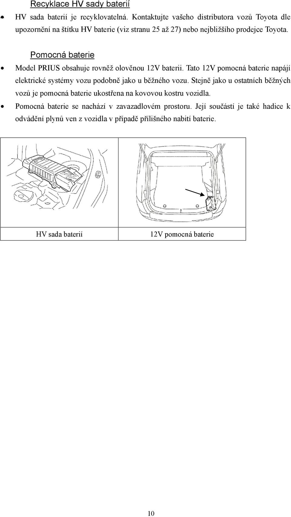 Pomocná baterie Model PRIUS obsahuje rovněž olověnou 12V baterii. Tato 12V pomocná baterie napájí elektrické systémy vozu podobně jako u běžného vozu.