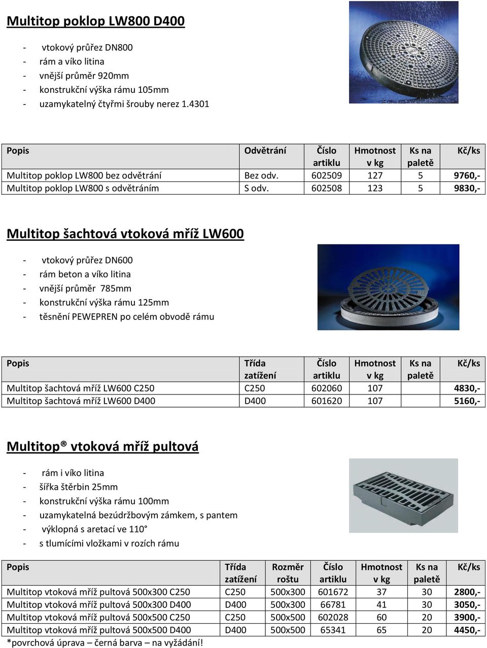 602508 123 5 9830,- Multitop šachtová vtoková mříž LW600 - vtokový průřez DN600 - rám beton a víko litina - vnější průměr 785mm - konstrukční výška rámu 125mm - těsnění PEWEPREN po celém obvodě rámu