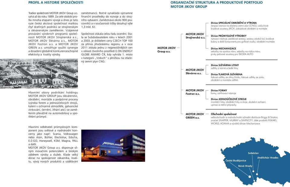 Vzájemné provázání výrobních programů společností Strojírenská a.s., Slévárna a.s., MOTOR JIKOV Fostron a.s. a GREEN a.s. umožňuje využití synergie a dosažení globálně konkurenceschopné efektivity a kvality výroby.