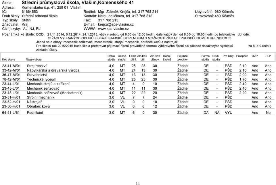 do. hodin, dále každý den od 8. do 16. hodin po telefonické dohodě.!!! ŽÁCI VYBRANÝCH OBORŮ ZÍSKAJÍ KRAJSKÉ STIPENDIUM S MOŽNOSTÍ ZÍSKAT I PROSPĚCHOVÉ STIPENDIUM!