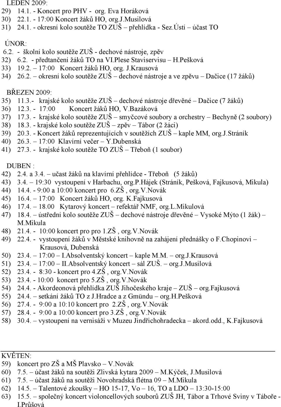 3.- krajské kolo soutěže ZUŠ dechové nástroje dřevěné Dačice (7 žáků) 36) 12.3. - 17:00 Koncert žáků HO, V.Bazáková 37) 17.3. - krajské kolo soutěže ZUŠ smyčcové soubory a orchestry Bechyně (2 soubory) 38) 18.