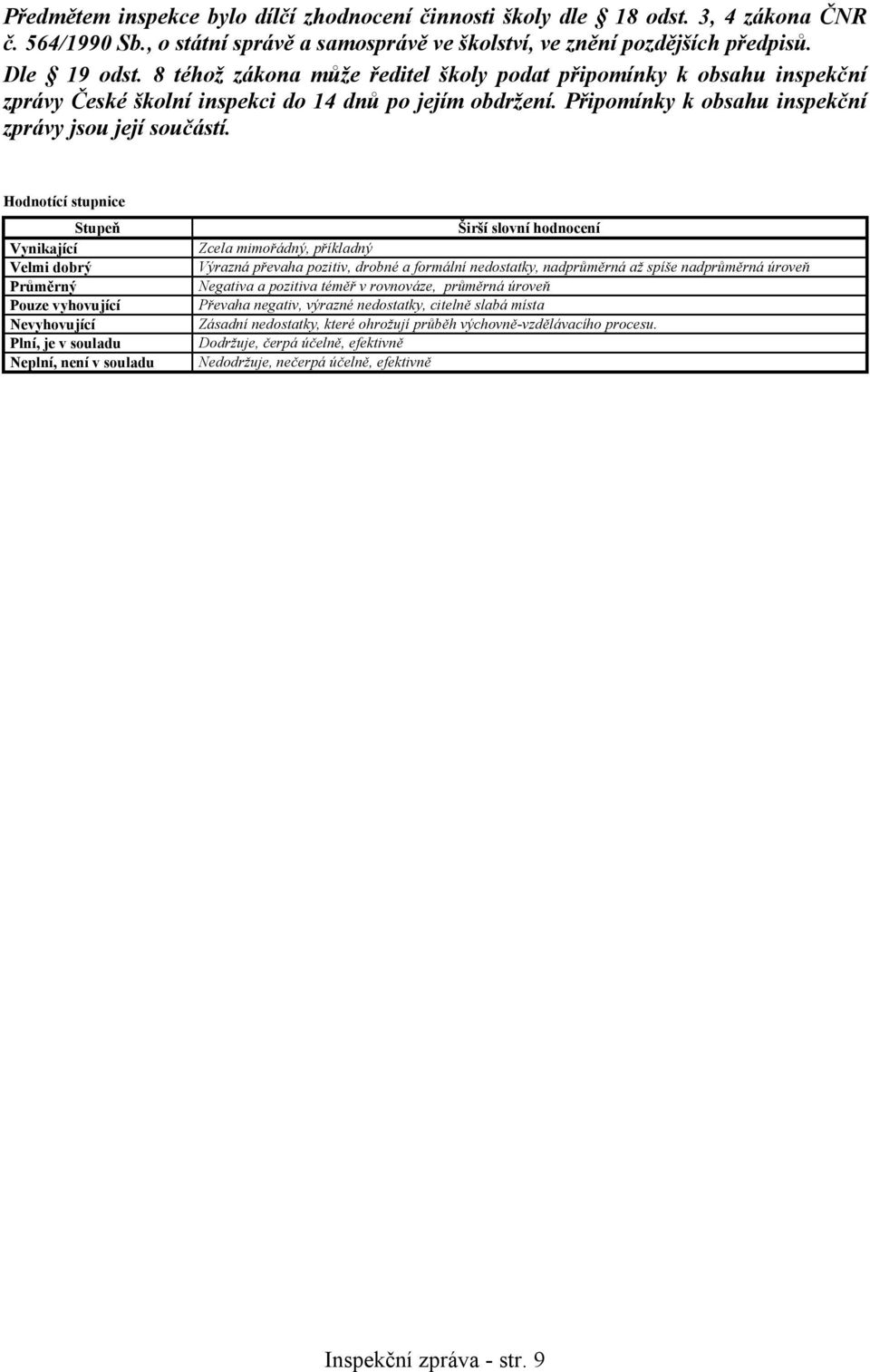 Hodnotící stupnice Stupeň Vynikající Velmi dobrý Průměrný Pouze vyhovující Nevyhovující Plní, je v souladu Neplní, není v souladu Širší slovní hodnocení Zcela mimořádný, příkladný Výrazná převaha