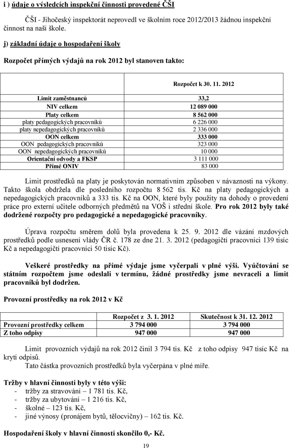 2012 Limit zaměstnanců 33,2 NIV celkem 12 089 000 Platy celkem 8 562 000 platy pedagogických pracovníků 6 226 000 platy nepedagogických pracovníků 2 336 000 OON celkem 333 000 OON pedagogických