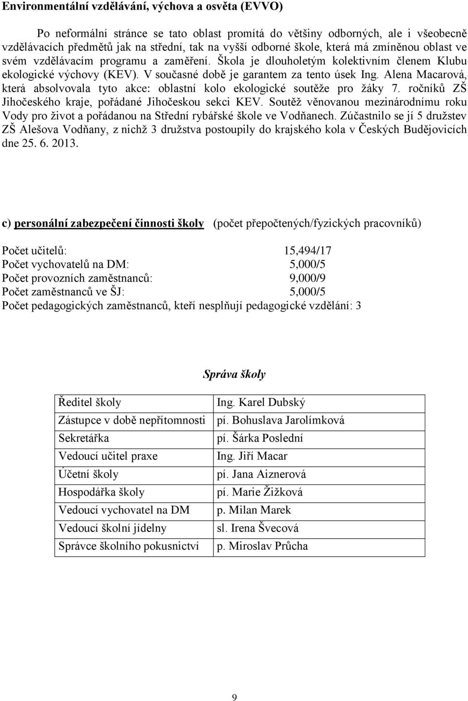 Alena Macarová, která absolvovala tyto akce: oblastní kolo ekologické soutěže pro žáky 7. ročníků ZŠ Jihočeského kraje, pořádané Jihočeskou sekci KEV.