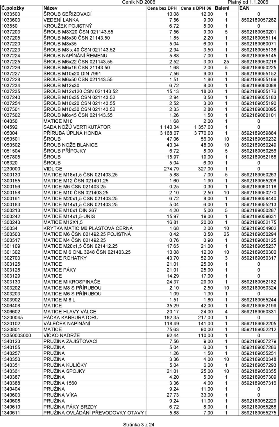 52 2,94 3,50 1 8592189055138 1037224 ŠROUB NAPÍNÁNÍ ŘEMENU 5,88 7,00 1 8592189055145 1037225 ŠROUB M6x22 ČSN 021143.55 2,52 3,00 25 8592189050218 1037226 ŠROUB M6x16 ČSN 21143.