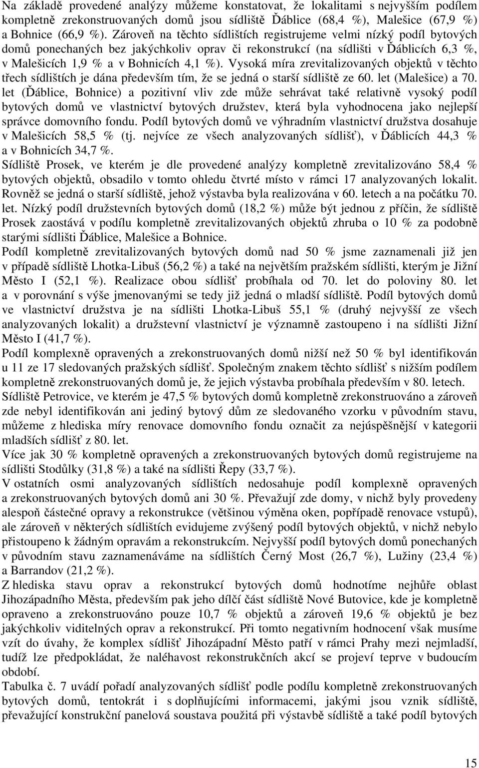 Vysoká míra zrevitalizovaných objektů v těchto třech sídlištích je dána především tím, že se jedná o starší sídliště ze 6. let (Malešice) a 7.