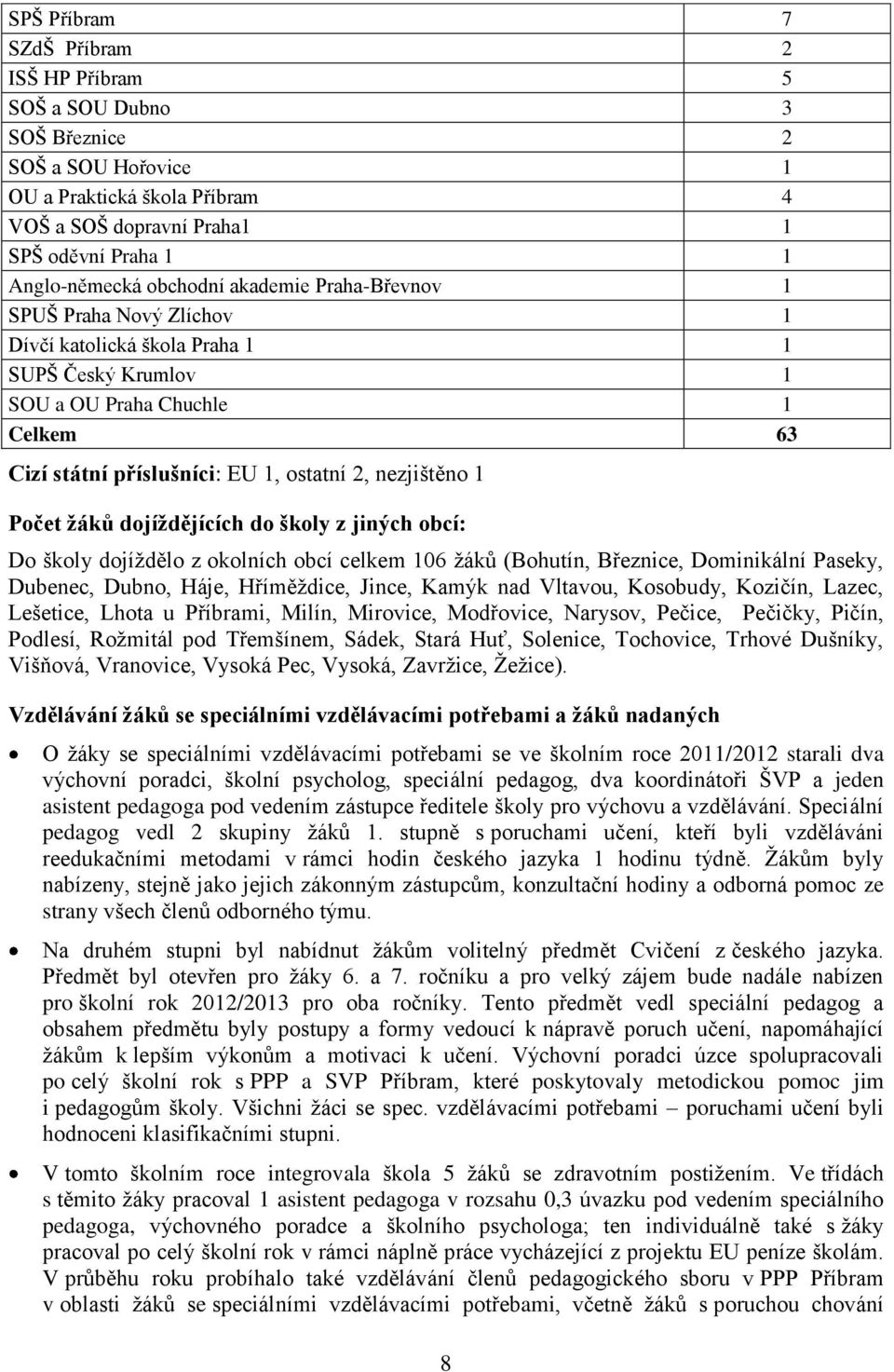 nezjištěno 1 Počet ţáků dojíţdějících do školy z jiných obcí: Do školy dojíţdělo z okolních obcí celkem 106 ţáků (Bohutín, Březnice, Dominikální Paseky, Dubenec, Dubno, Háje, Hříměţdice, Jince, Kamýk