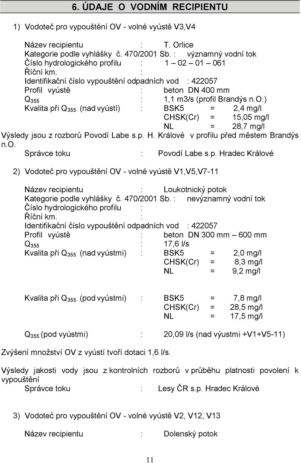 p. H. Králové v profilu před městem Brandýs n.o. Správce toku : Povodí Labe s.p. Hradec Králové 2) Vodoteč pro vypouštění OV - volné vyústě V1,V5,V7-11 Název recipientu : Loukotnický potok Kategorie podle vyhlášky č.